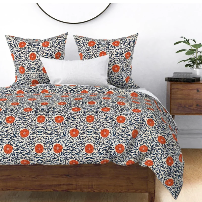 Plush Pillows for a Cozy BedVintage Orange Blue Flowers Cotton Bedding Set Duvet Cover, Pillow Shams