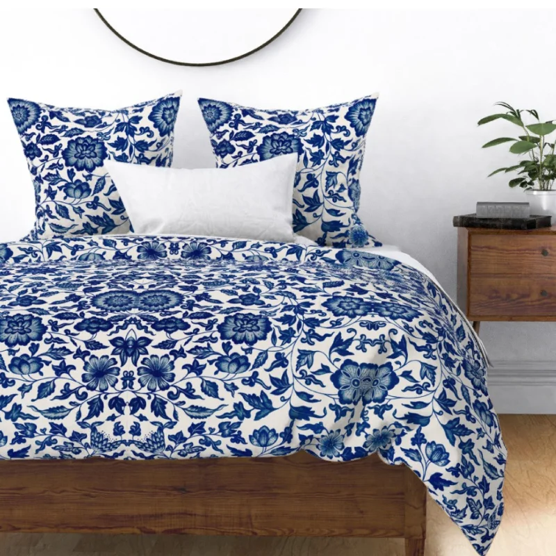 Round Pillows for Boho-Style InteriorsVintage White Blue Pattern Flowers Cotton Bedding Set Duvet Cover, Pillow Shams