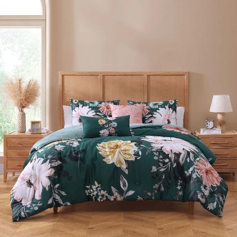 Synthetic - filled comforters like polyester for affordability and hypoallergenic propertiesBebejan Wild Flowers on Teal 200 Thread Count 100% Cotton Sateen 5 Piece Reversible Comforter Set