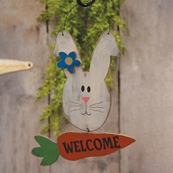 Bed skirts for beds with a decorative - carved frameDistressed Wooden "Welcome" Bunny Hanger