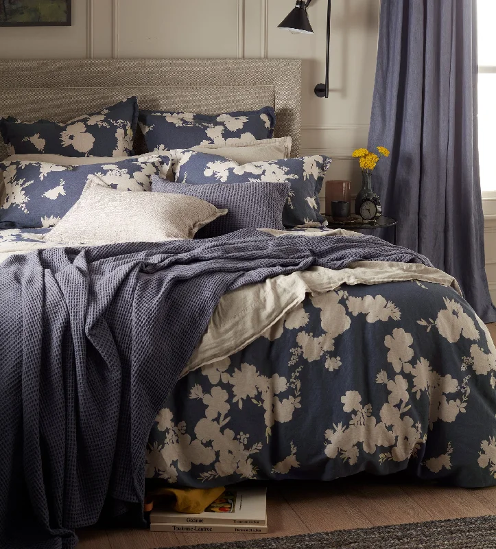 Custom - sized duvet covers to fit unique or non - standard bed framesInk Blue Flower Press Linen Blend Duvet Cover