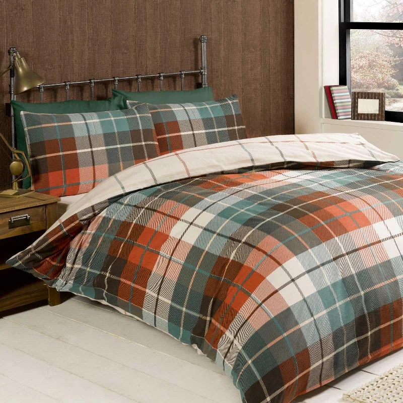 Patchwork duvet covers with a variety of fabric pieces sewn together for a rustic charmLomond Check Flannelette Duvet Cover Set Terracotta